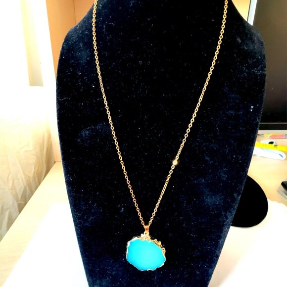 Fashion Jewelry Jewelry - Gold Chain Necklace With Round Teal Agate Pendant Jewelry For Women
